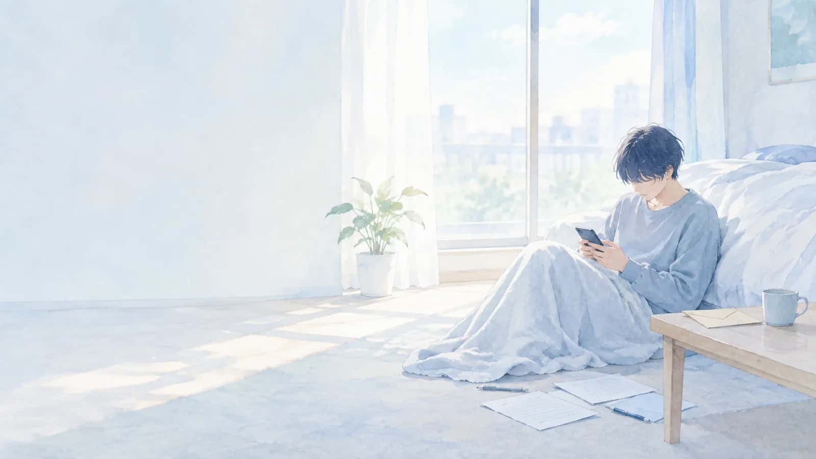 家でベッドにもたれて座り、スマートフォンで障害年金の手続きを調べている人。床には書きかけの書類とペン